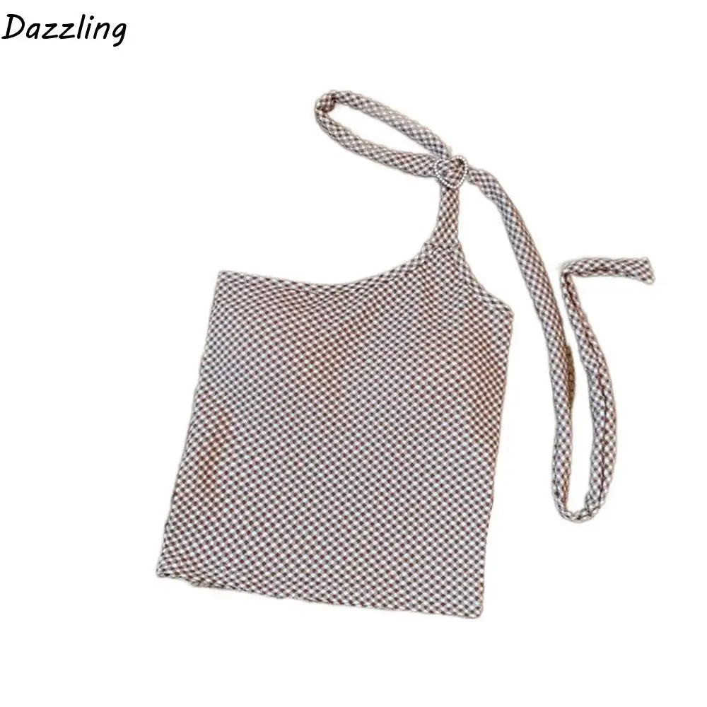 

Simple Lace-up Skinny Halter Camisole Undershirts Slim Fit Sleeveless Crop Top Irregular Spicy Girl Style Checkered Vest Summer