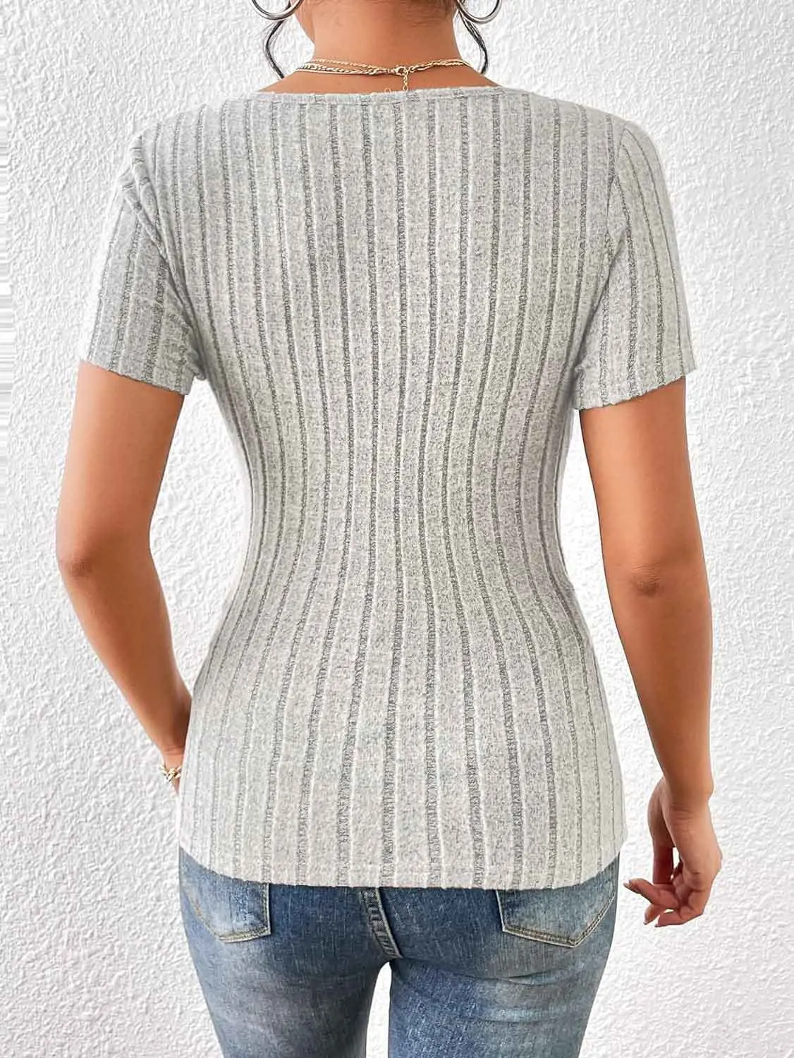 European and American 2024 new hot style v neck sexy slim knitted pure color short-sleeved T-shirt top for women