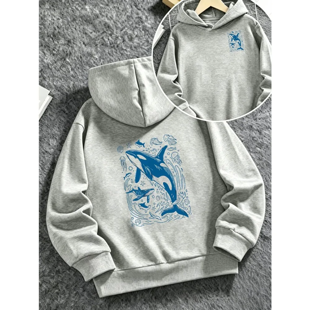 Korea Hot Orca Killer Whale Ocean Life Graphic Hoodie Unisex Marine Animal Casual Pullover Hooded Sweatshirt Loose Fit Autumn
