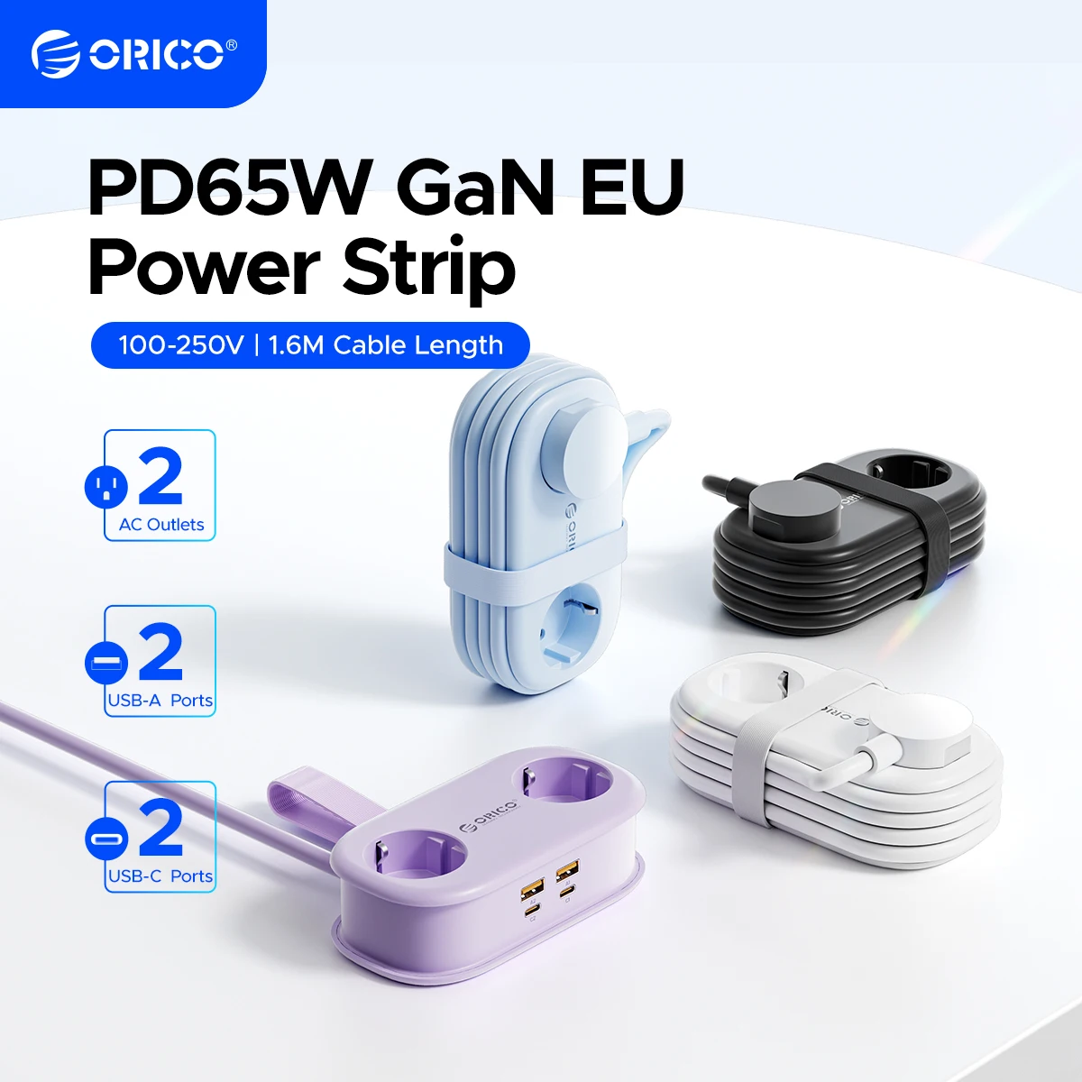ORICO Kabelmanagement-Reise-Steckdosenleiste 65W GaN Schnellladestation mit 2 AC-Steckdosen, 2 USB und 2 Typ-C EU-Steckeradapter für Zuhause