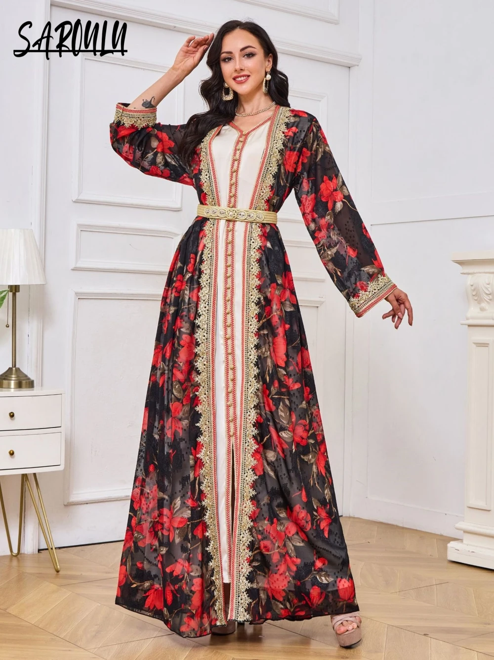 

Luxurious Dubai Women Evening Dress Classy V Neck Long Sleeves Formal Banquet Kaftan Prom Muslim 2-pieces Party Robe Customized