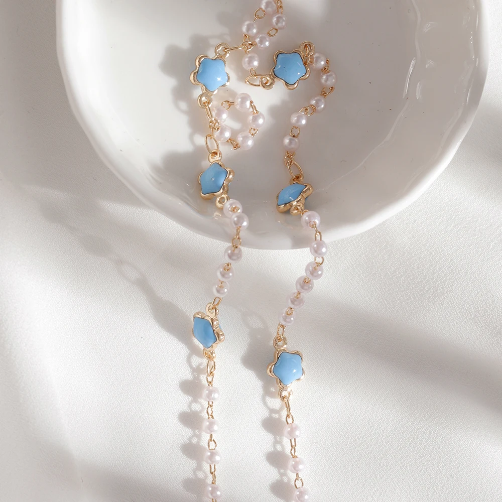 

1 meter Imitation Pearl Chain French Elegant Blue Flower Beads Link Chains for Jewelry Making DIY Necklace Bracelet Accessories