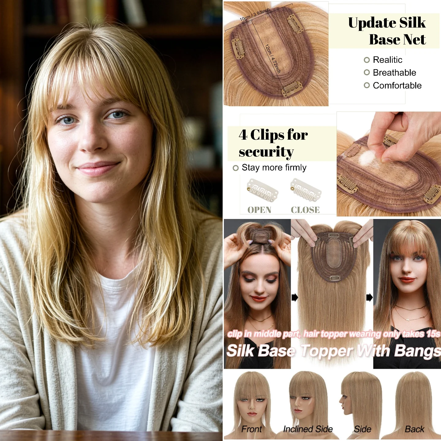 Human Hair Wigs 100% Human Hair Silk Lace Base Clip In 12x13cm 25cm Middle Part with Bangs Machine Made Remy Hair #P18-613