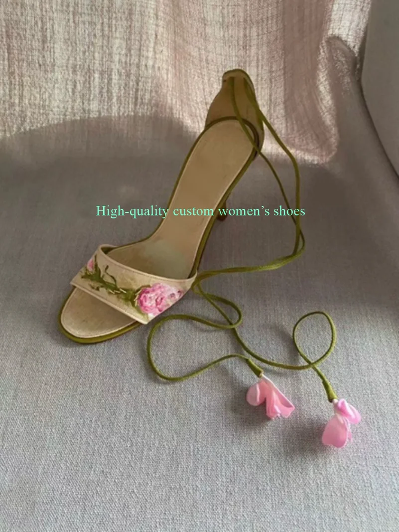 Head Toe Lnstep Band Pink Flowers Matching Green Leaves Decorative Yellow Women's Shoes Stilettos Shallow Luxury High Heels