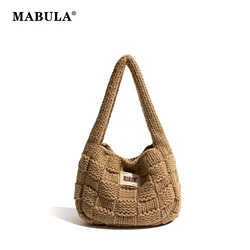 MABULA Vintage Knitted Plaid Hobo Bag For Girls Handmade Woven Phone Purse Solid Color Cotton Fabric Women's Simple Shoulder Bag