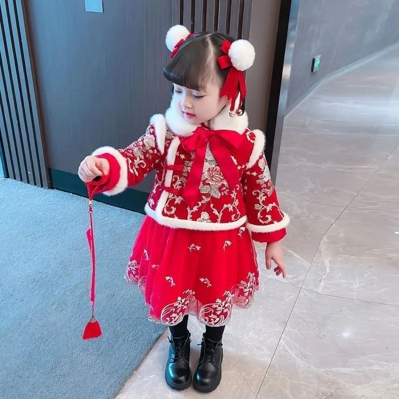 New red Chinese New Year clothes women\'s Hanfu winter clothes children\'s Tang suit baby plus velvet padded dress Christmas dress