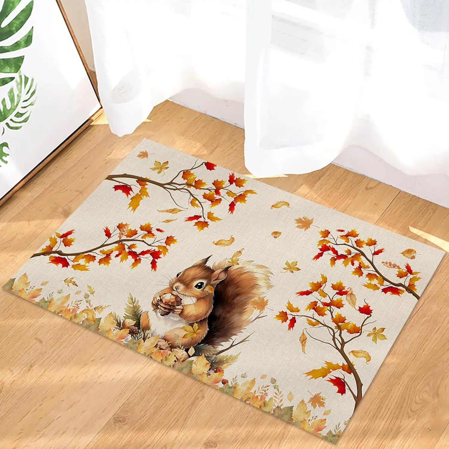 Thanksgiving Fall Doormat Maple Leaf Squirrel Autumn Welcome Mat Living Room Kitchen Non-Slip Floor Mat Thanksgiving Decorations