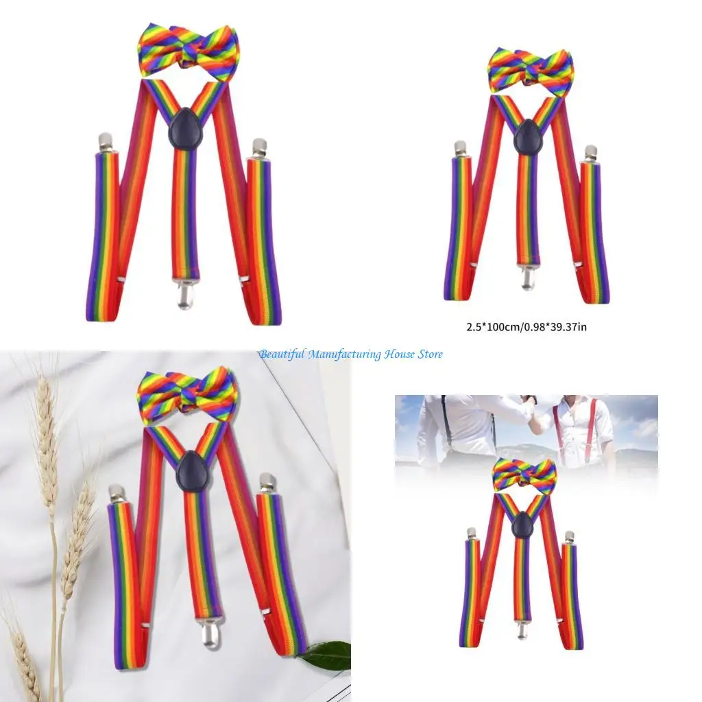 E56A Suspenders Bowtie Set For Costume Show Rainbow Color Adjustable Elastic Shoulder Strap Stage Performances Accessory