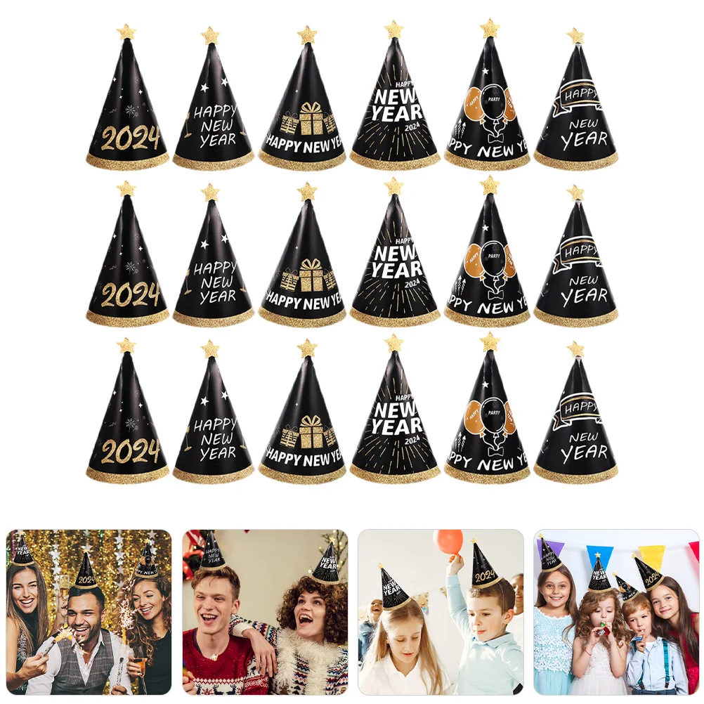

18Pcs New Year Paper Hats Black Gold Cone Party Hats 2024 Happy New Year Party Supplies Decoration Paper Cone Hat