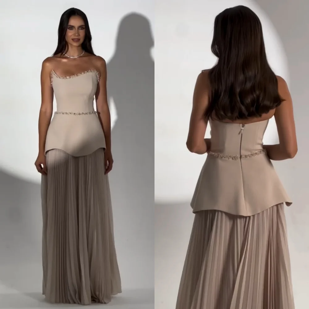 

Customized Jersey Sequined Pleat Strapless A-line Long Dresses Bespoke Occasion Zip Prom Party Gown Exquisite Sparkle Evening