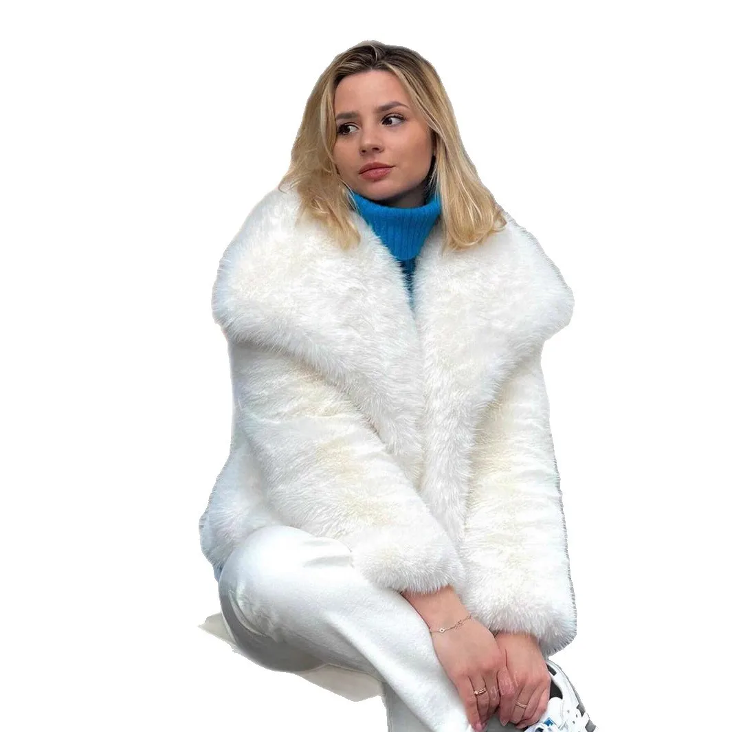 Faux Fur Coat Women Short Jacket Solid Turn Down Collar Long Sleeves Open Stitch Loose Fit Thick Office Lady Casual 2025 Winter