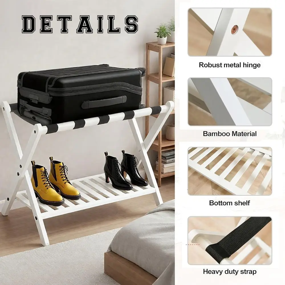 Porta valigia pieghevole in bambù con ripiano per scarpe e 5 cinghie per stanze degli ospiti, soggiorni e hotel - Bianco