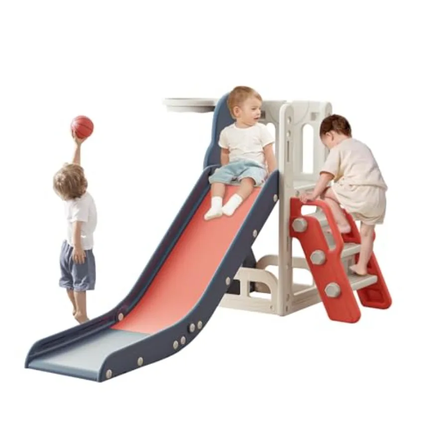 

Toddler Slide Climber Slide with Storage Space and Non-Slip Steps Indoor Outdoor Playset with Basketball Hoopa and Telescope Sl