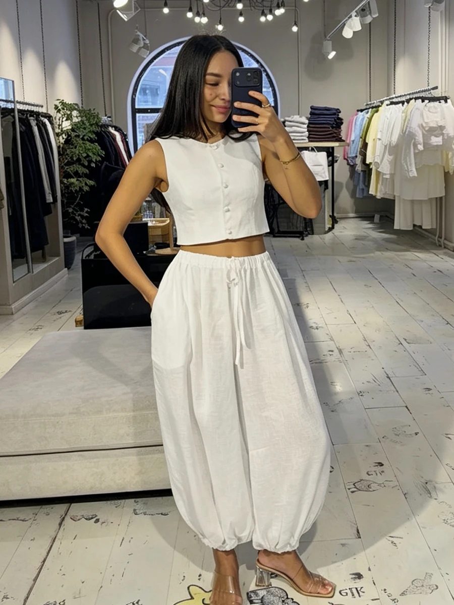 Wolfeel 2026 Women's Two-piece Sleeveless Front Crop Top and Balloon Pants Casual Loose Suit Suitable for Daily Wear in Summer