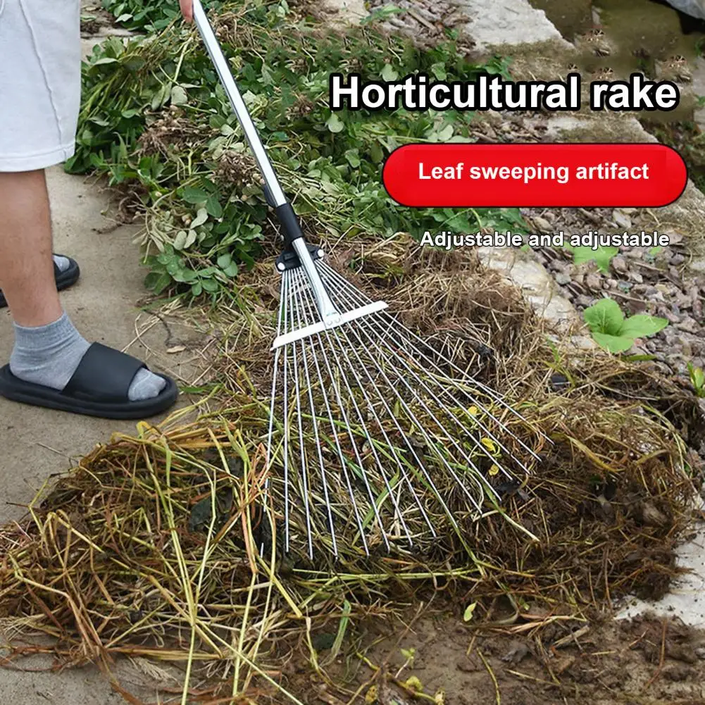 Stainless Steel Rake Telescopic Handle Ergonomic Design Simple Operation Leaf And Grass Clippings Rake Lightweight Garden Tools