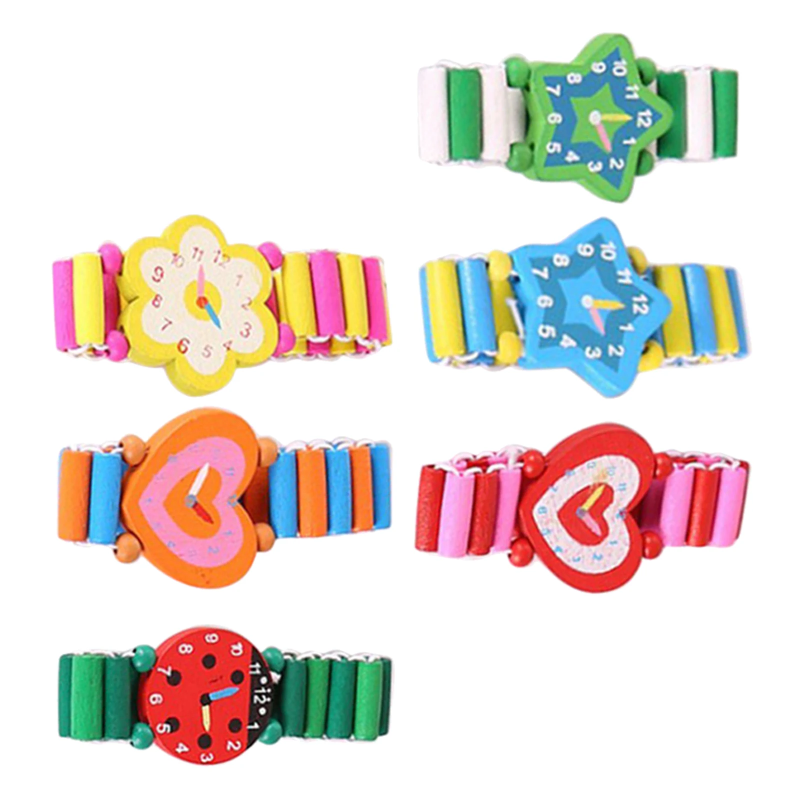 

6pcs Wooden For Kids Cartoon Wristwatches Children'S Learning Gift Simulation Wood Crafts Wood Watch Kids Watch
