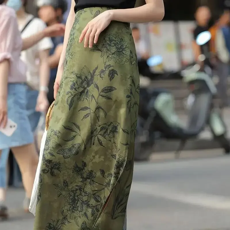 ฤดูร้อนใหม่ซาตินกระโปรงผู้หญิงวินเทจจีนพิมพ์สูงเอว Slim ห่อสะโพกแยกกระโปรงยาวหรูหราเสื้อผ้าแฟชั่น
