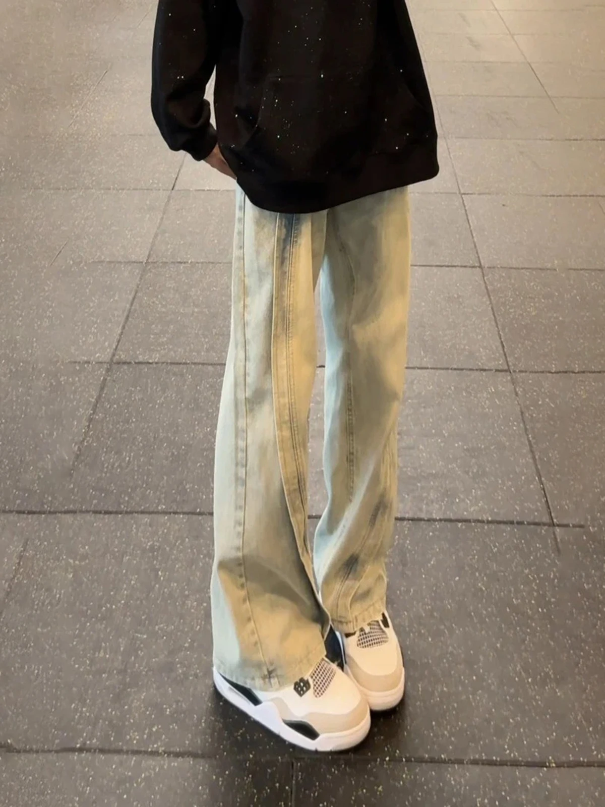 

Желтые джинсы в стиле пэчворк с эффектом состаривания, американский уличный стиль, мужские, зауженные, с высокой талией, прямые, слегка расклешенные