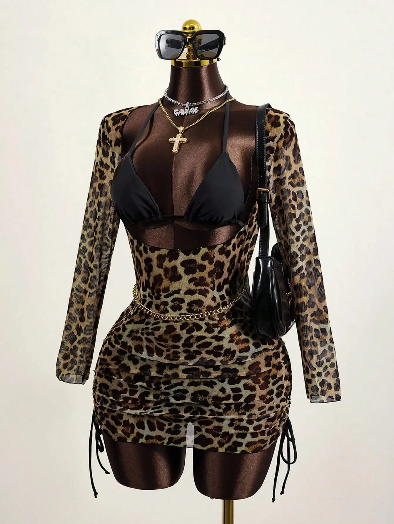 

Leopard Print Sheer Drawstring Side Cover Up Summer Beach Dress