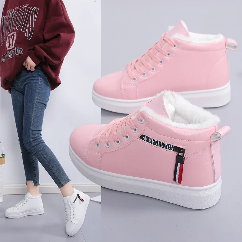 

New Winter Women Ankle Boots Warm Plush Woman Vulcanized Shoes PU Walking Sneakers Casual Flats Lace Up Ladies Snow Shoes