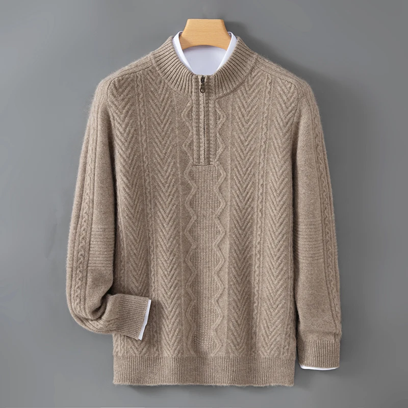 Men's 100%wool pullover sweater business casual knit sweater stand up collar jumper fashionable streetwear loose half zipper top