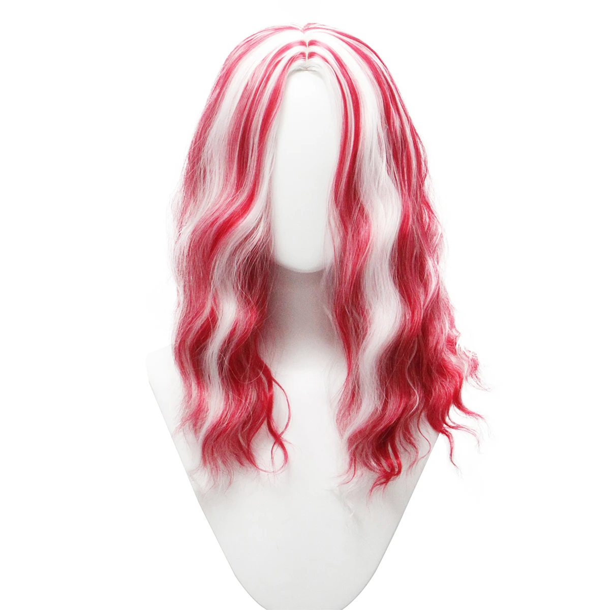 Red White Wavy Wig Synthetic Medium Long Curly Two Tone Highlights Costume Wig Halloween Cosplay Party Carnival Christmas Anime