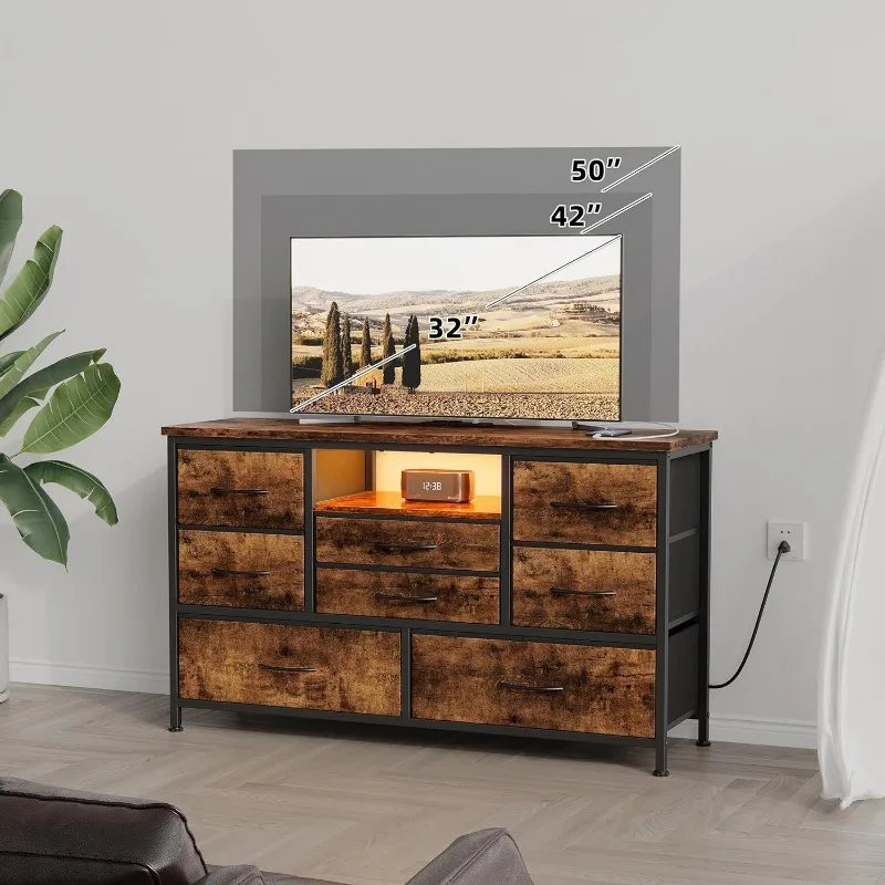 8 Dressoir Tv-Standaard Met Stopcontact En Led Voor 55 ''Tv, Lang Dressoir Voor Slaapkamer Met 8 Diepe Laden, Brede Console Tafel