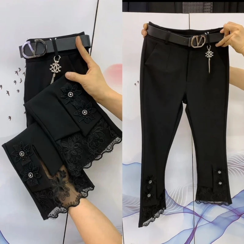 High Waisted Slimming 9/10 Micro Flared Pants for Women Elastic Lace Edge Fashion Pants 2024 Versatile Flared Pants