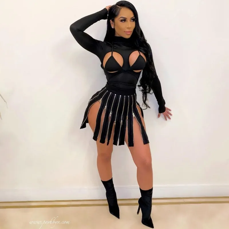 Solid Black Zipper Patchwork Y2k Mini Skirt Women Autumn Sexy Hot Girls Elastic High Waist Hipster Bottoms Trend Club Streetwear