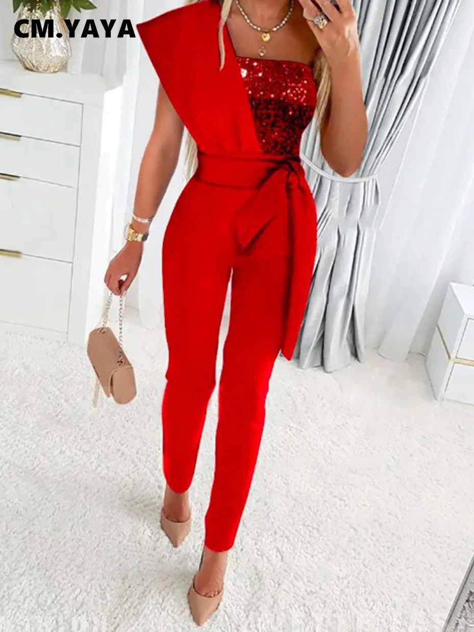 

Women Sequined Patchwork One Shoulder with Sashes Jumpsuit 2024 Autumn Party Birthday One Piece Suit Romper Playsuits