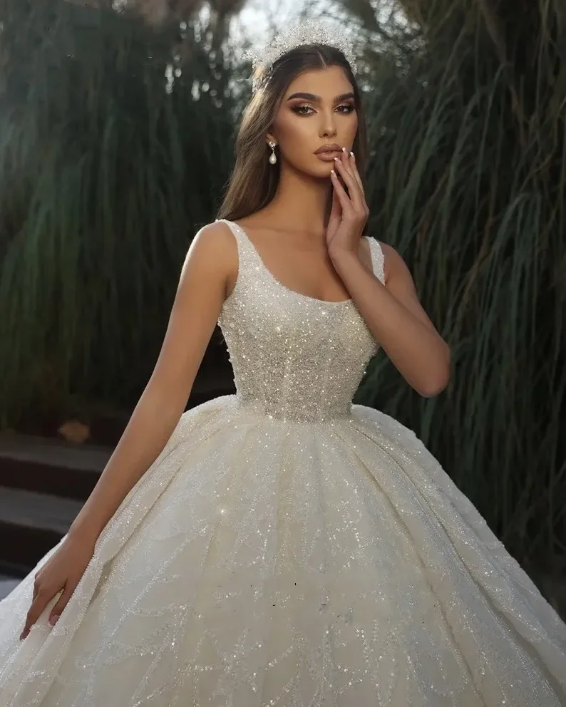 Vestidos De Novia De princesa brillantes De lujo, exquisitos Vestidos De Novia para fiesta, batas sin mangas, Apliques De encaje, Vestidos De Novia personalizados