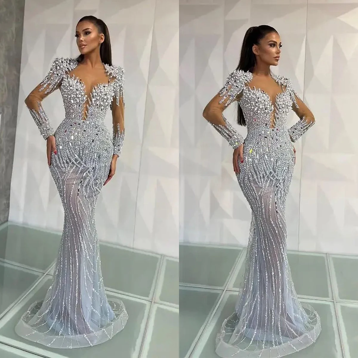 Gorgeous Evening Dresses Formal Occasion Gowns Long Sleeve Illusion Shining Sequins Beads Court Gown Prom Vestido Customized