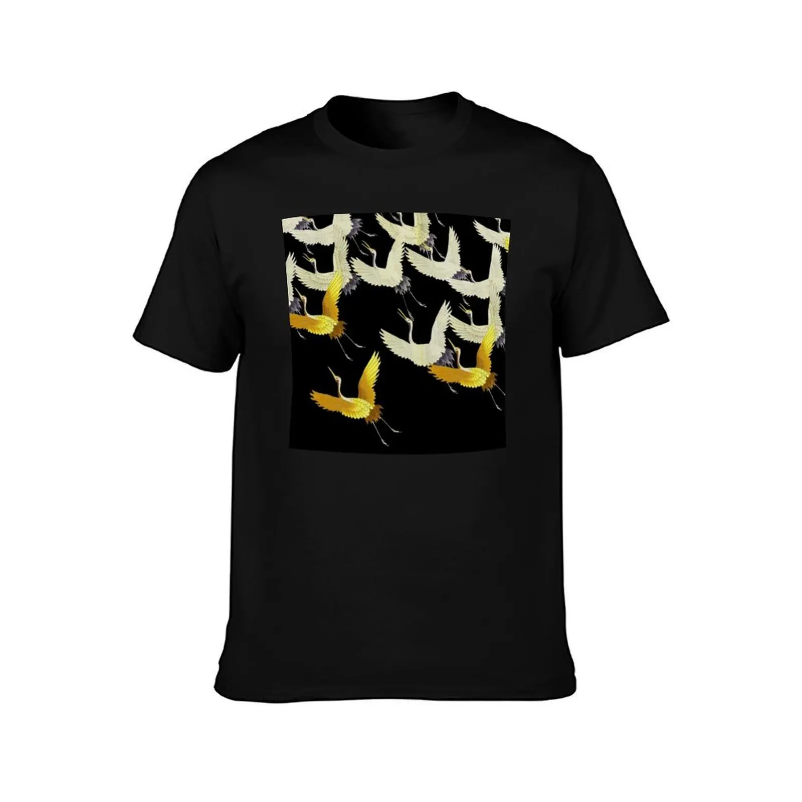 GOLD YELLOW WHITE FLYING CRANES IN BLACK Japanese Pattern T-Shirt, Summer Casual Cotton Tee, Oversized Streetwear Tops