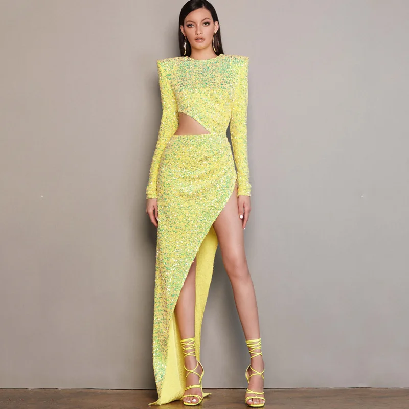 

O-neck Yellow Sequins Long Evening Dresses Long Sleeve Cutout Prom Dress With Train Asymmetrical Luxury Woman Clothes Elegant