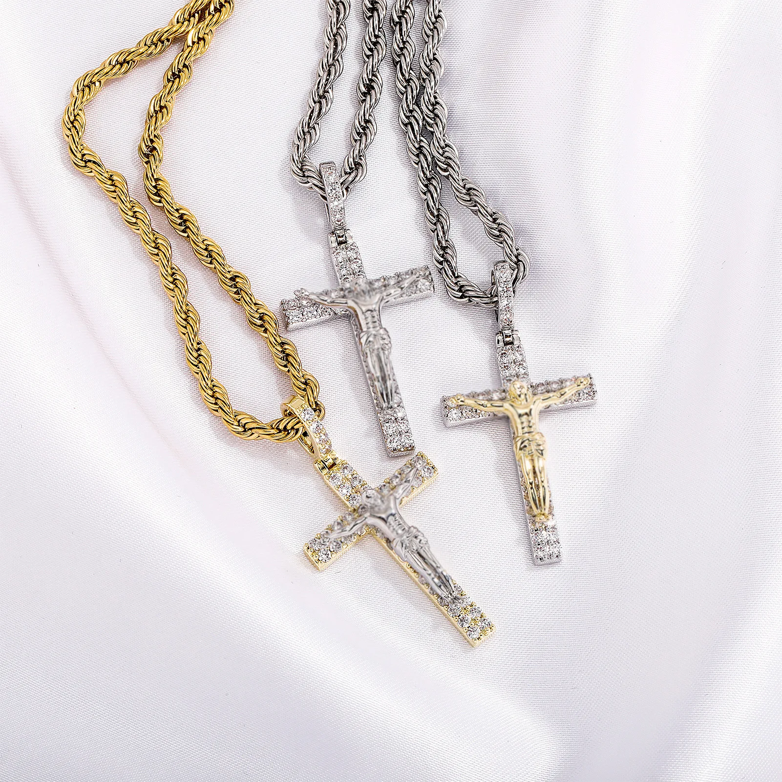 Gold Silver Plated Jesus Crucifix Cross Pendant Copper Zircon Twist Chain Hip Hop Vintage Religious Necklace For Men Wholesale