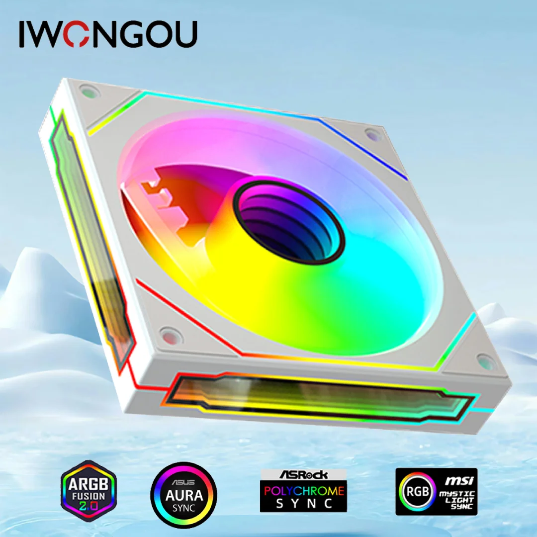 IWONGOU 120mm Infinite Mirror ARGB PWM PC Case Fan 600-1800RPM 23dBA Aura Sync Mystic Light Polychrome Sync White Ventilador