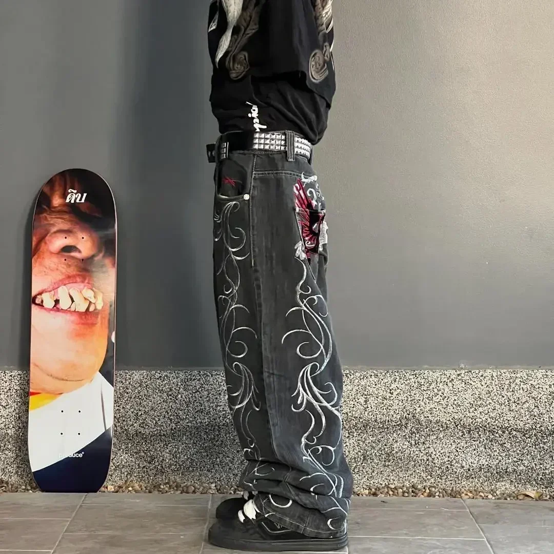 Harajuku Fashion Trend Embroidery Pattern Denim Hip hop Retro Street Casual Y2k Women Trousers Straight Wide Leg Pants For Men