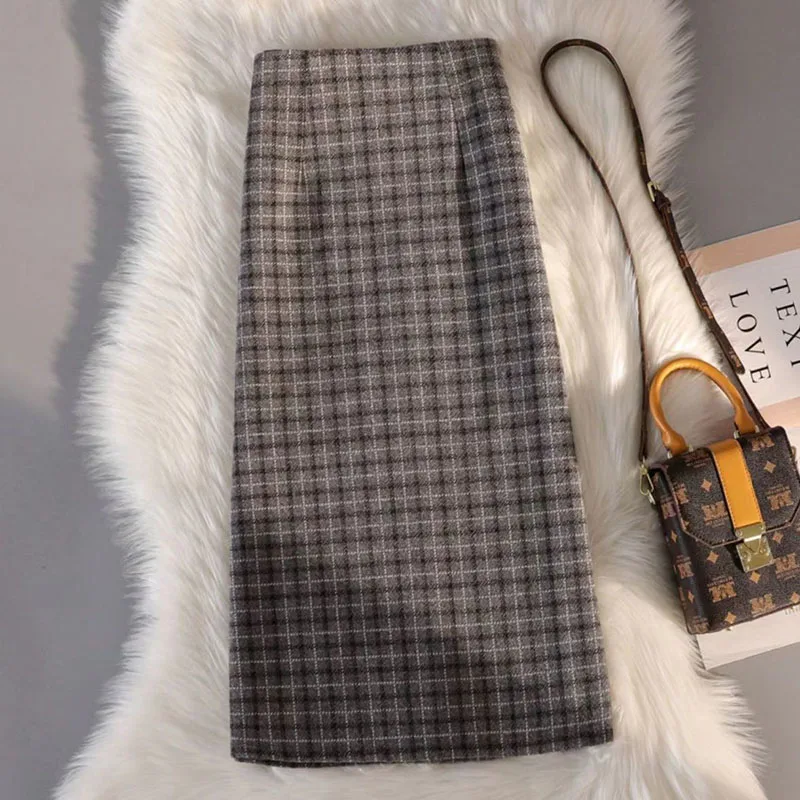 Fall Winter Thickened Woolen Skirt for Women High Waisted Split Vintage Plaid Skirts Female Elegant A-Line Zipper Long Skirt