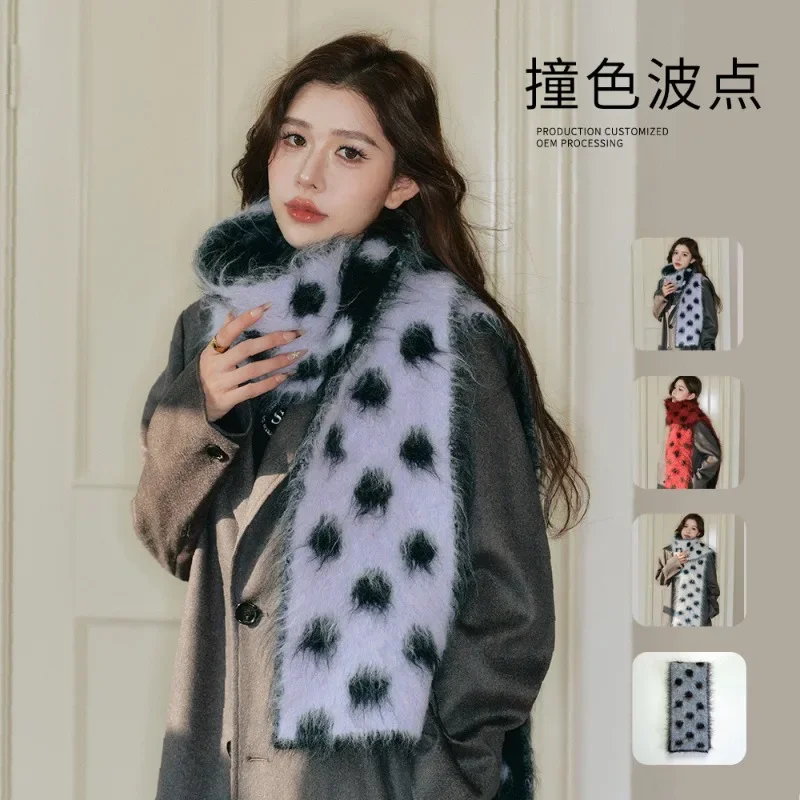 Korean Vintage Polka Dot Fluffy Scarf Women Fashion Warm Thickened Furry Knitted Scarfves Winter Female Thermal Muffler Ladies