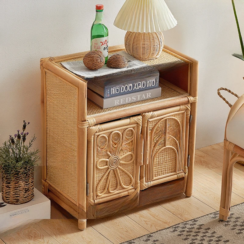 

Small storage cabinet, real rattan woven living room side cabinet, vintage storage bookshelf storage