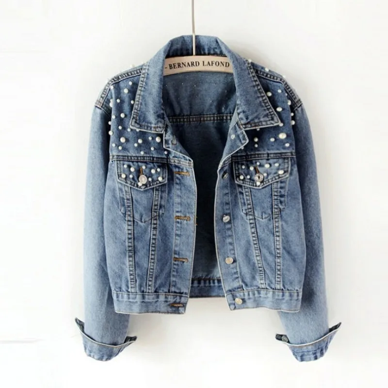 

Casual Womens Pearl Denim Jacket Loose Cropped Jean Coat Spring Fall Fashion