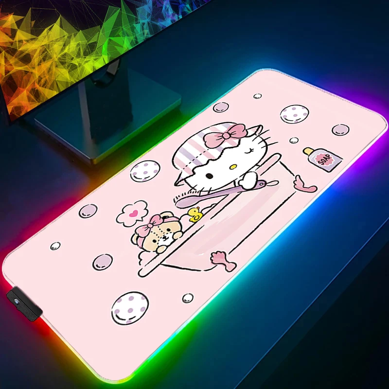 لوحة ماوس LED Hello Kitty Edge White لوحة مفاتيح الكمبيوتر الخلفية السجاد ملحقات الألعاب الكبيرة RGB Mousepad PC Gamer Desk Mat #5