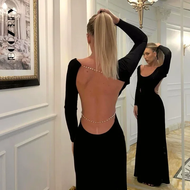 Boozrey mulher roupas miçangas sem costas bodycon maxi vestido 2024 outono elegante manga longa cortar fino ajuste preto vestidos de noite