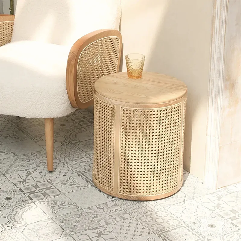 coffee table storage corner few solid wood rattan cylindrical edge few Nordic round storage small coffee table Japanese style