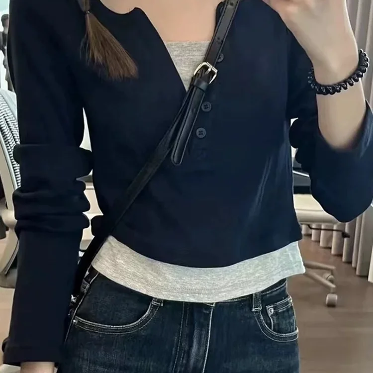 تي شيرت نسائي بأكمام طويلة من القطن بوهو بقصة ضيقة باللون الأزرق مرقع مريح من القماش المطاطي للخريف ملابس يومية للمكتب