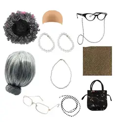 7/9pcs Grandma Old Lady Dress Up Set Granny Costume Wig Adult Kid Halloween Masquerade Cosplay Party Witch Decoration Event