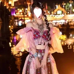 Hani Princess Costume Yunnan Xishuangbanna Lijiang Hani Miao Style Bubble Sleeve Off-the-shoulder Dance Dress