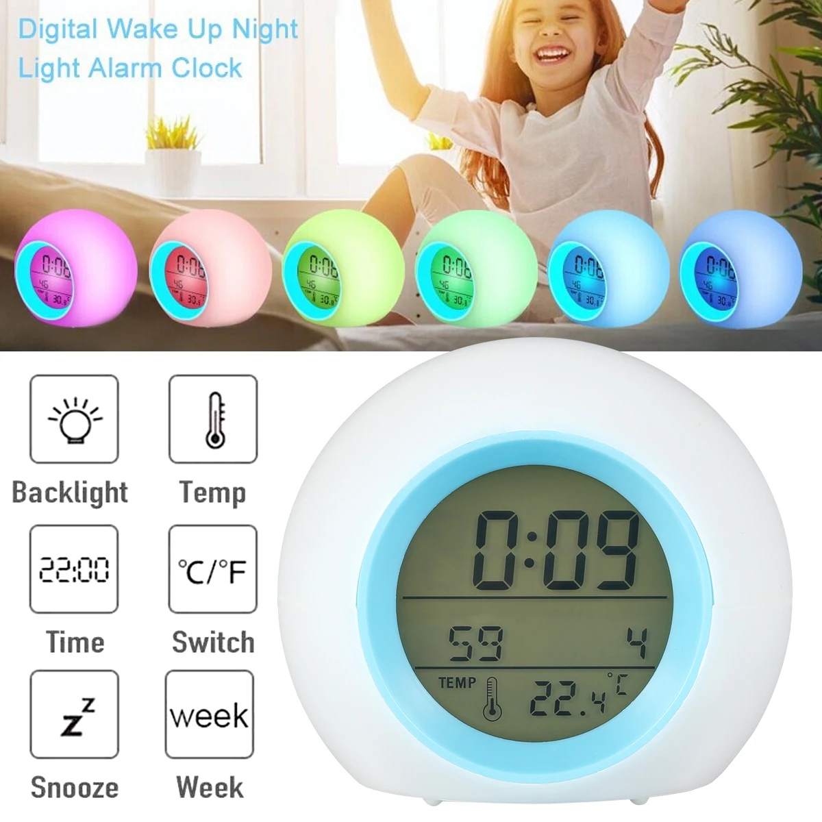 Kids Digital Alarm Clock 7 Color Changing Night Light Bedside Clock with Temperature 12/24H Alarm Clock Child Bedroom Xmas Gift