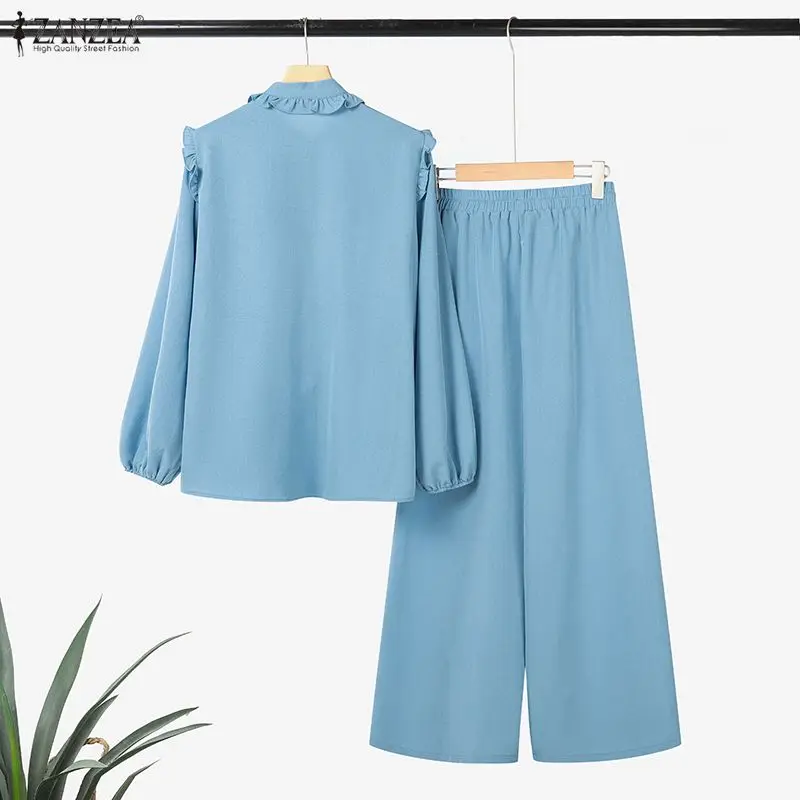ZANZEA Fashion Women Pant Sets Autumn Spring Casual Long Sleeve Shirt and Long Wide Leg Pants Solid Elegant 2 Piece Outfits 2PCS