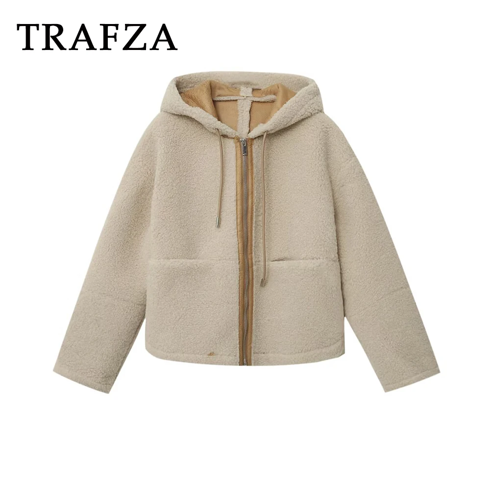 

TRAFZA винтажные повседневные женские осенние куртки с капюшоном, модная уличная одежда 2025 года, верхняя одежда на молнии с карманами, шикарное однотонное женское пальто